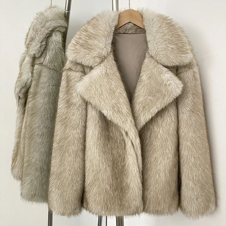 Mueyeruho 2025 Winter Women Faux Fur Jacket Coat Solid Khaki Long Sleeve Thick Warm Overcoat Outwear Fluffy Coat For Women