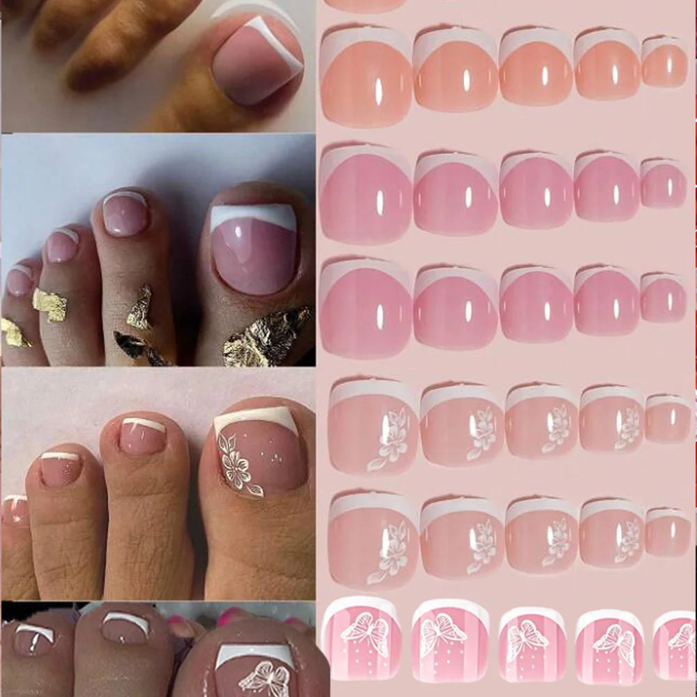 96Pcs/Box French Fake Toenails Butterfly/Flower Design Short Square  Press On Toenail Glossy Full Cover False Toe Nail Extension