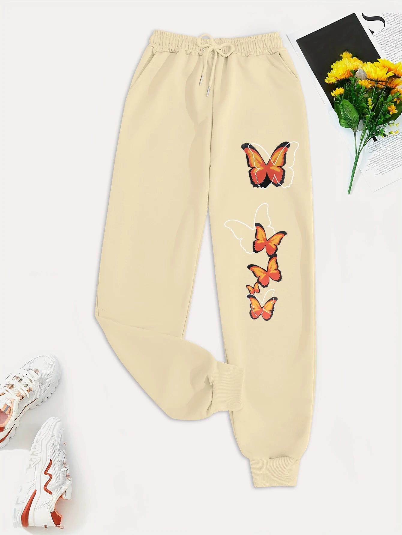 Withered Leaf Butterfly Printing Casual Versatile Women Pant Trendy Hip Hop Trousers With Drawstring Pockets Sweatpants Female