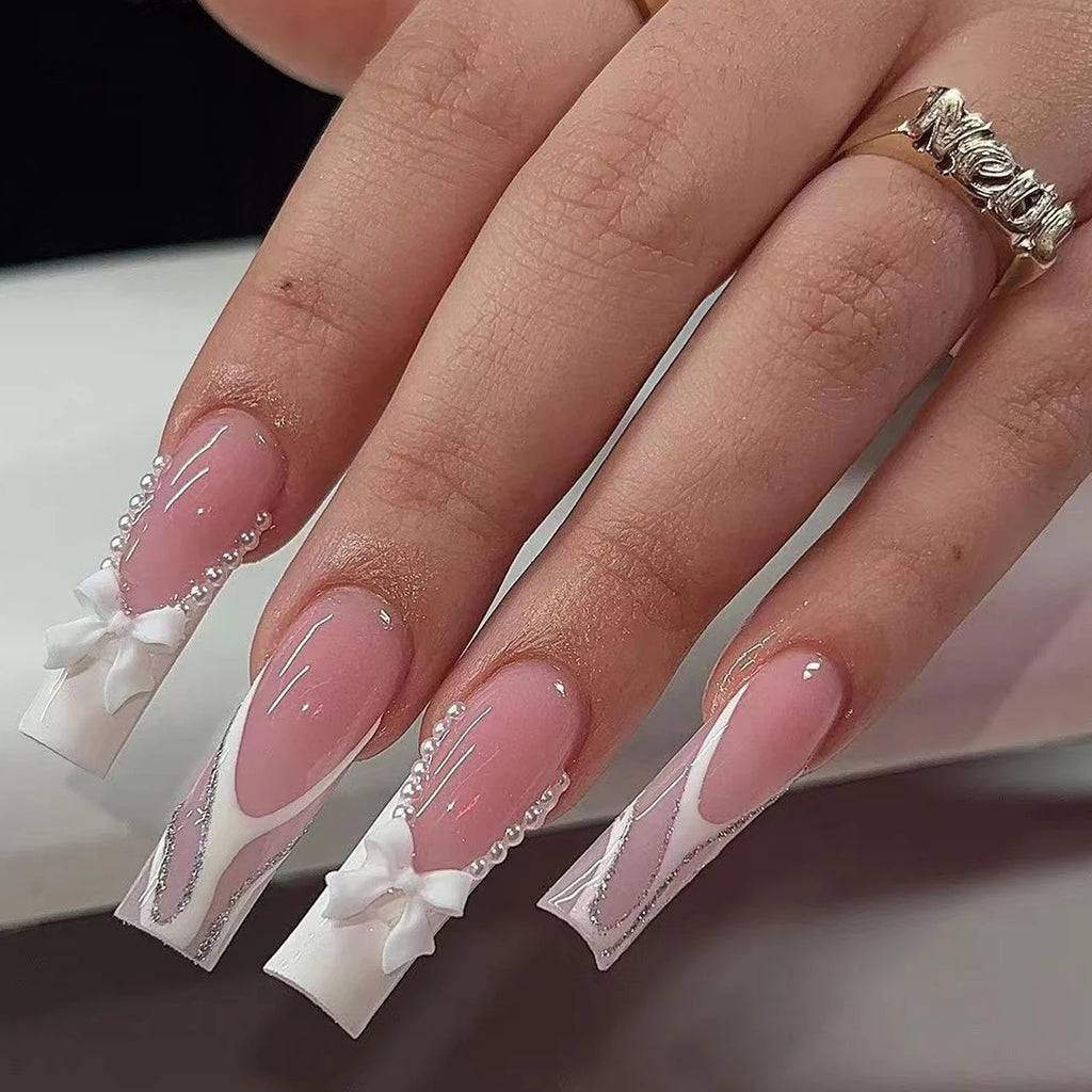 24PCS Explosions in Europe and America Long Water Pipes White French Rectangular Nail Fake Nails