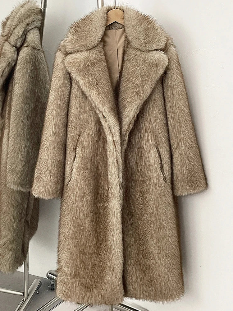 Mueyeruho 2025 Winter Women Faux Fur Jacket Coat Solid Khaki Long Sleeve Thick Warm Overcoat Outwear Fluffy Coat For Women