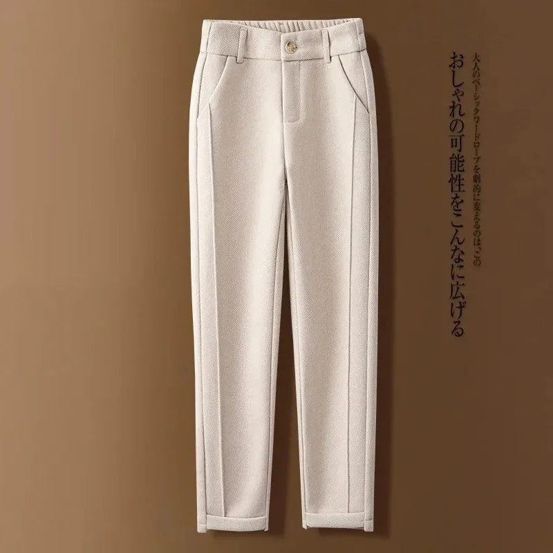 Woolen Herringbone Harem Pencil Elastic High Waist Korean Fashion Women's Pants Casual Office Lady Trousers Suit Pants For Women