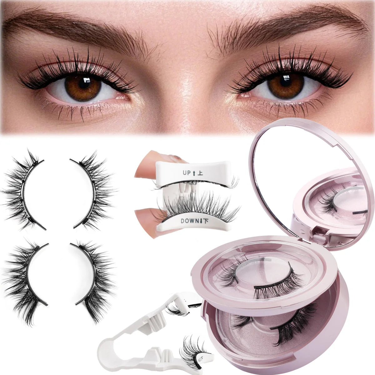 2 Pairs Magnetic Eyelash Natural Look Fluffy False Eyelashes Reusable Magnetic Eyelash Set with Applicator No Glue Need Makeup