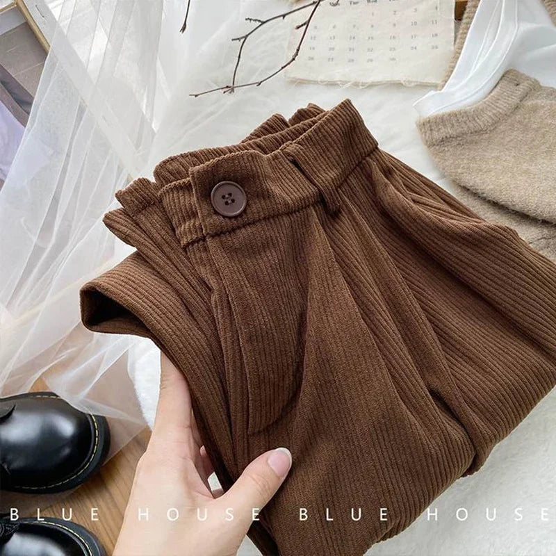 Vintage High Waist Corduroy Pants Women Spring Fall Straight Causal Full Length Trousers Korean Fashion All Match Black Pants - Azara
