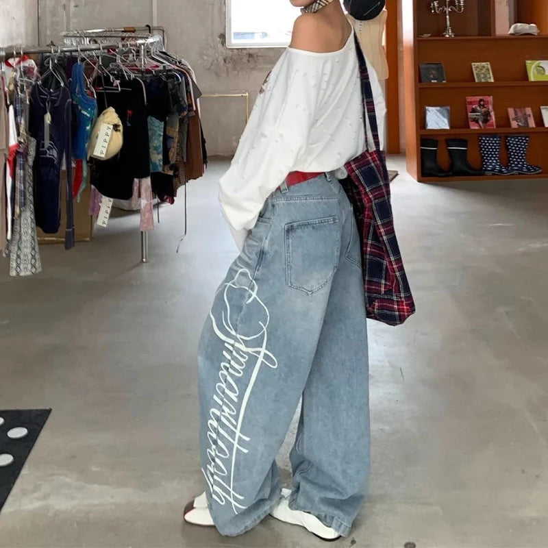 Women Blue Y2k Baggy Boyfriend Jeans Harajuku Vintage Wide Leg Denim Trousers Japanese 2000s Style Jeans Pants Oversize Clothes - Azara