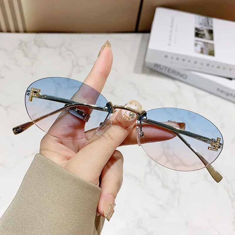New Frameless Sunglasses Letter F Diamond-set Oval Frame Fashion Trendy Small Frame Car Sunglasses 90902