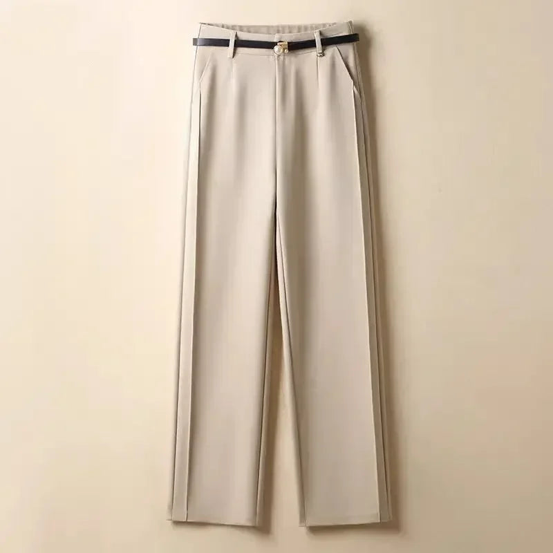 Women's Suit Wide-leg Pants 2025 Autumn New Casual Straight Pants Office Lady Simple Solid Khaki Elegant Black Pants with Belt - Azara