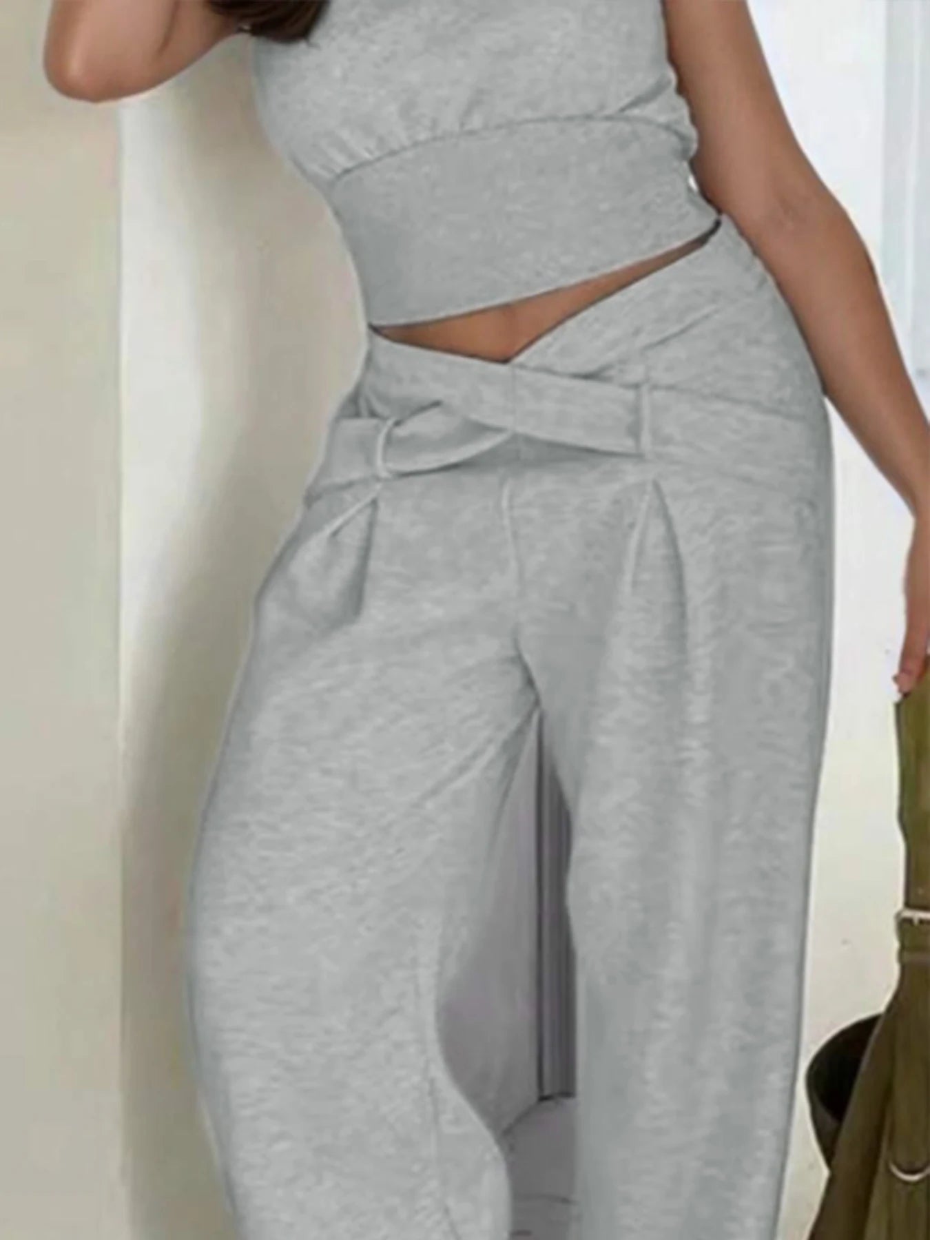 This elegant grey cross-waist wide-leg pants for women's autumn and winter are slimming and versatile. - Azara