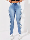 Women's fashionable washing light blue side layered ripped elastic slim fit and hip-retracted casual nine-point foot jeans - Azara