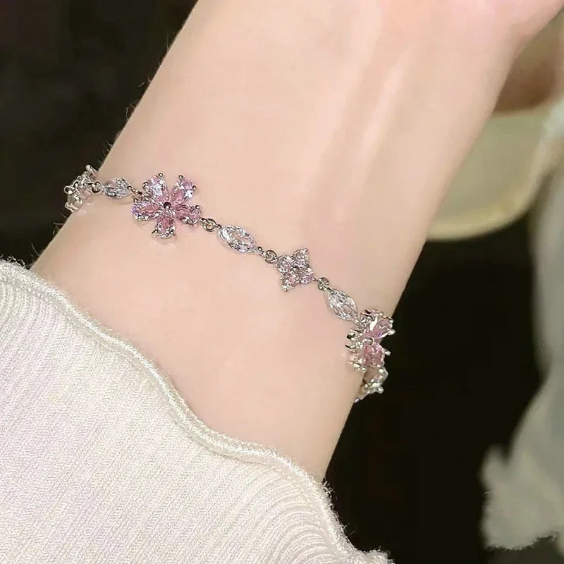Elegant Crystal Flowers Bracelet For Women Y2K Sweet Girls Moon Cherry Blossom Bow Zircon Bracelets Luxury Designer Jewelry Gift