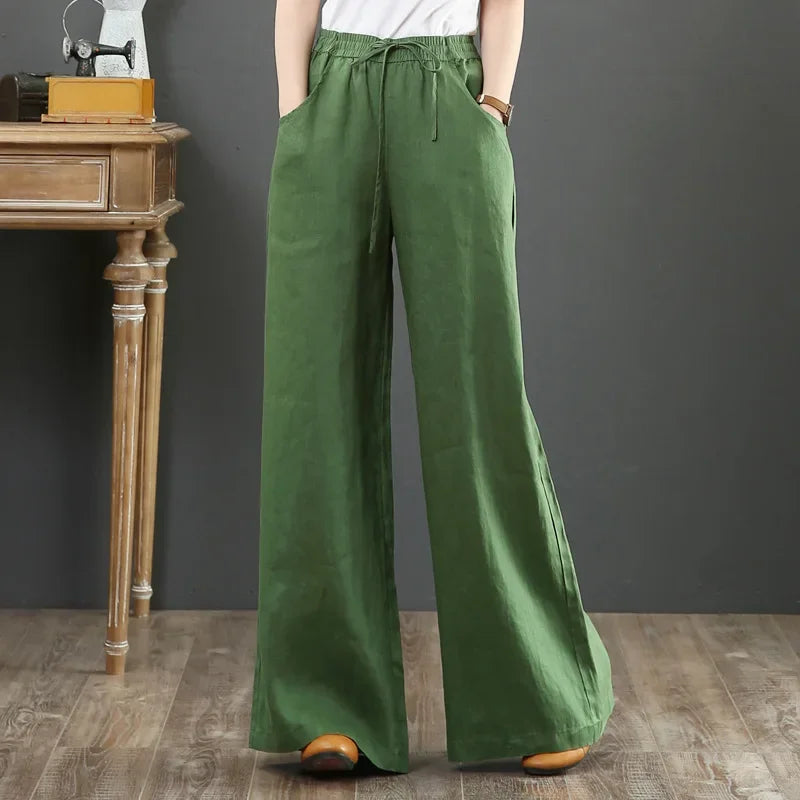 Women Retro Tai Chi Loose Wide Leg Pants Casual Cotton Linen High Waist Pants Mopping Straight Trousers Daily Wear Streetwear