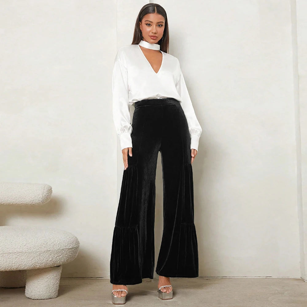 Women's autumn and winter gold velvet wide-leg pants with ruffles, high waist, straight, loose and slim elegant trousers - Azara