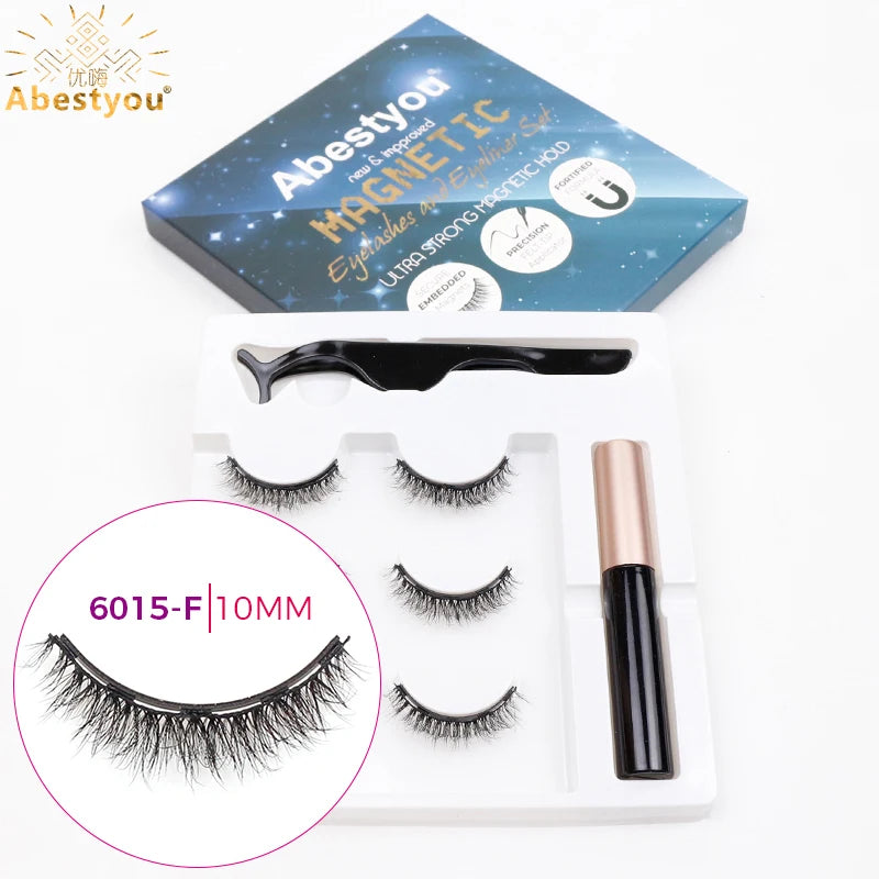Abestyou 3pairs 5d Micro Guantum Magnet Mink Eyelashes Cat Eye False Lashes Waterproof Magnetic Liquid Eyeliner With Tweezer Kit