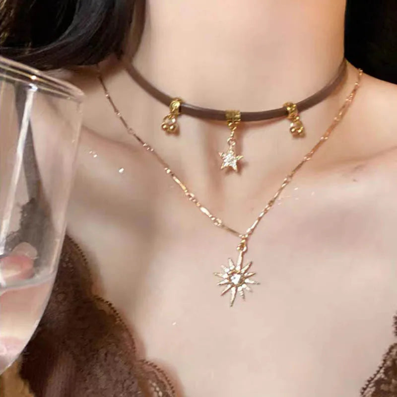 2025 Sun Star Zircon Necklace for Women Vintage Leather Necklace Double Layered Pendant Chain Choker Fashion Jewelry Ожерелье