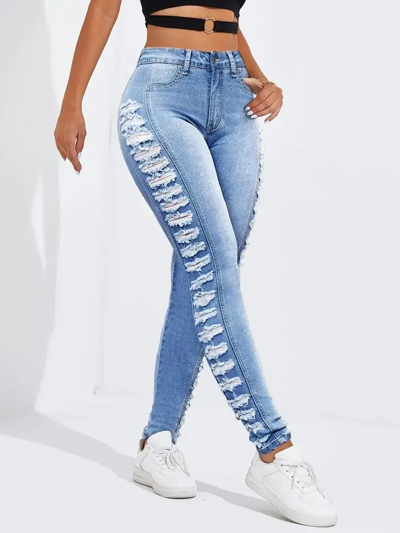 Women's fashionable washing light blue side layered ripped elastic slim fit and hip-retracted casual nine-point foot jeans - Azara