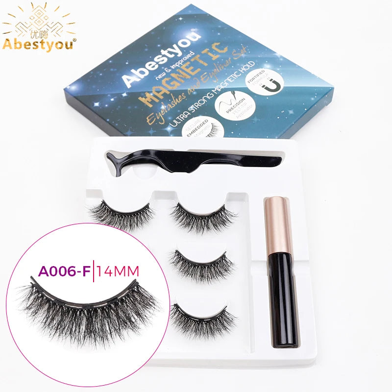 Abestyou 3pairs 5d Micro Guantum Magnet Mink Eyelashes Cat Eye False Lashes Waterproof Magnetic Liquid Eyeliner With Tweezer Kit