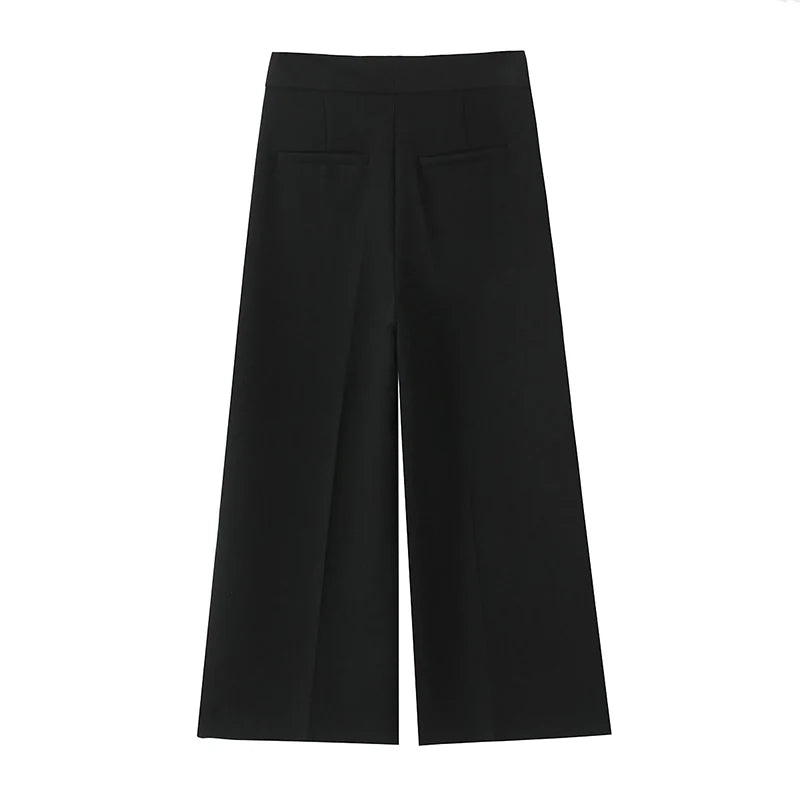 Willshela Women Fashion Black Front Zipper Wide Leg Pants Vintage High Waist Ankle Length Female Chic Lady Trousers - Azara