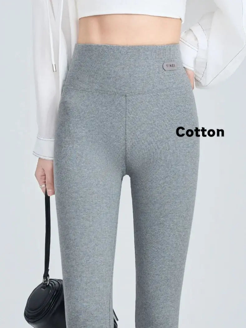 Women's High-Waisted Slimming Leggings Stripes Cotton-Feel Seamless Thermal Tights Soft Stretch Fabric