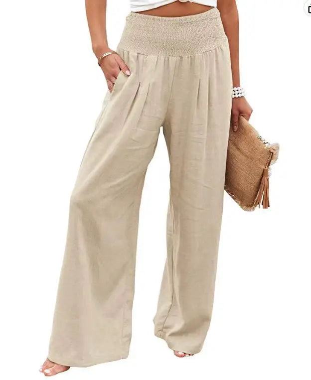 Women's casual pants with drawstring, mid waist, beach wide leg, spring and summer, European and American pants - Azara
