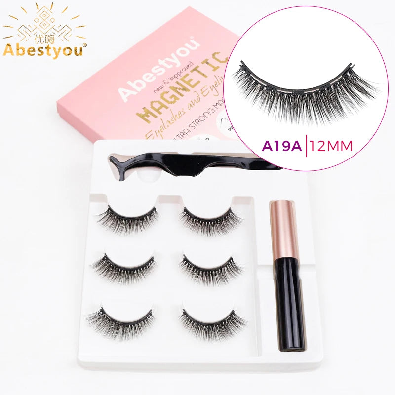 Abestyou Micro 5 Magnets Natural Long 3d 3pairs False Mink Magnetic Lashes With Eyeliner Tweezers Eyelashes Holder Makeup Kits