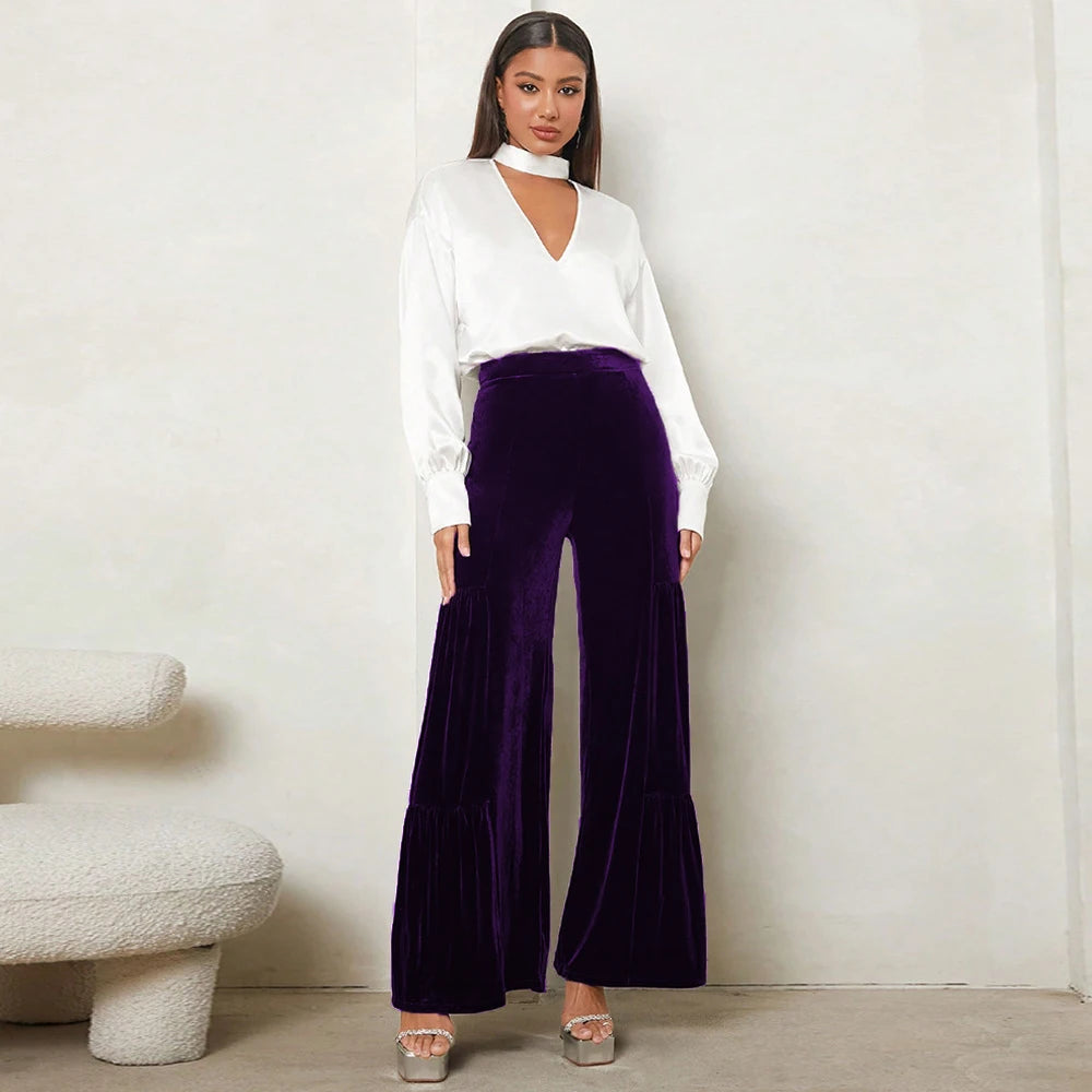 Women's autumn and winter gold velvet wide-leg pants with ruffles, high waist, straight, loose and slim elegant trousers - Azara
