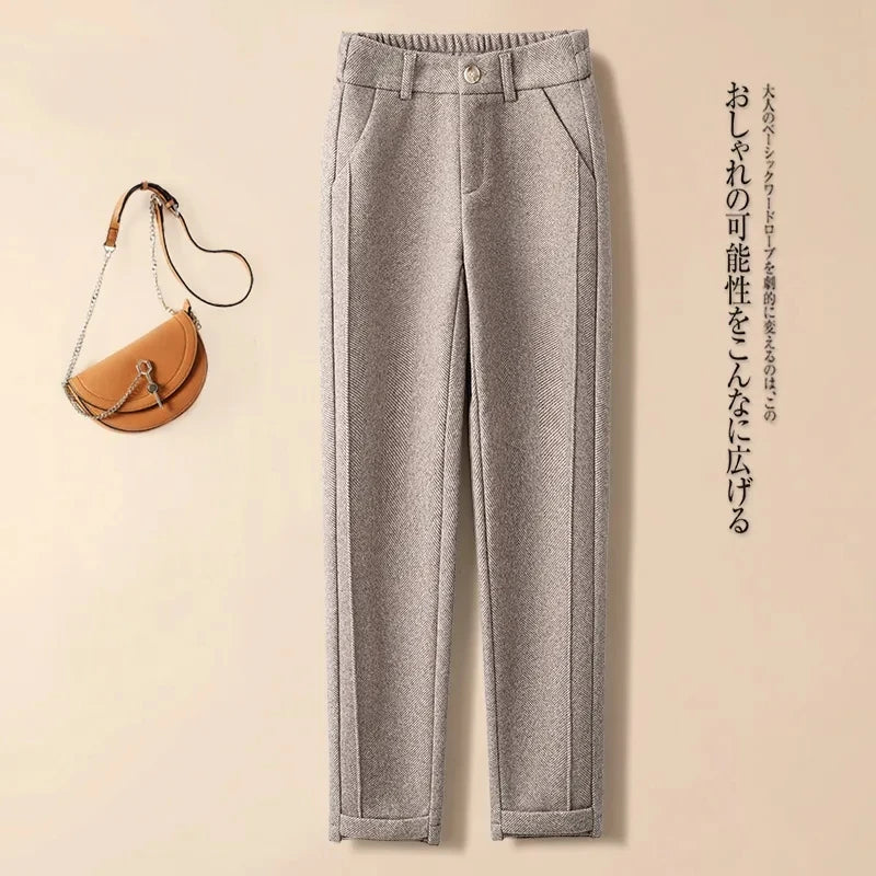 Woolen Herringbone Harem Pencil Elastic High Waist Korean Fashion Women's Pants Casual Office Lady Trousers Suit Pants For Women
