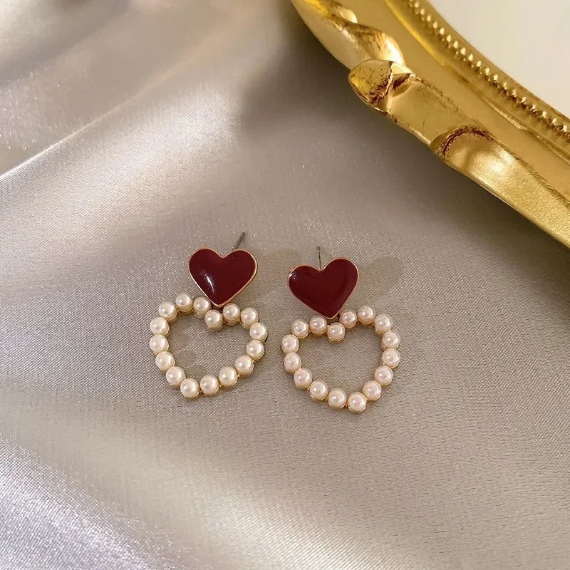 Vintage Dripping Oil Wine Red Retro Stud Earrings for Women Korean Pearl Flower Heart Shape Geometric Earring High Sense Jewelry