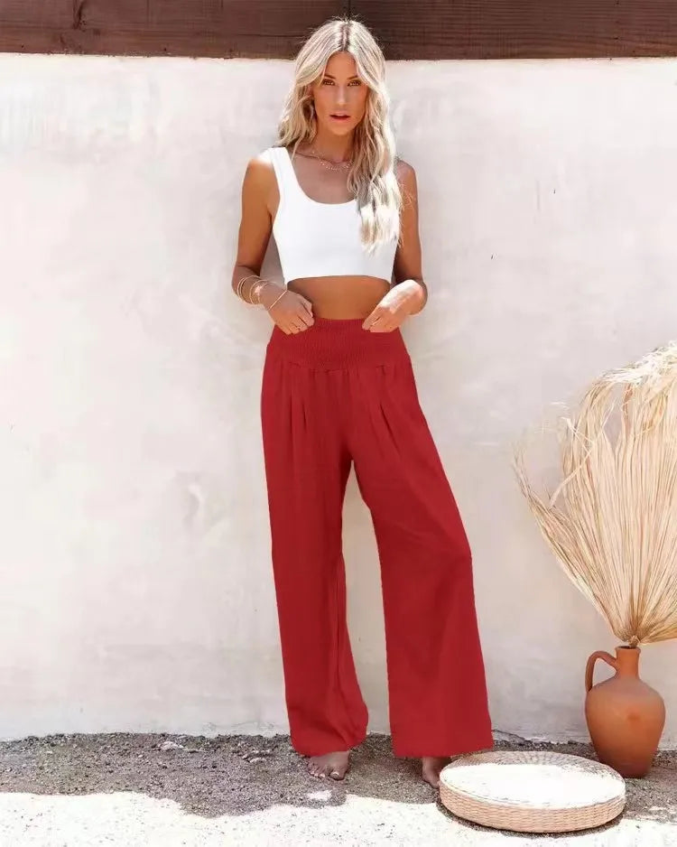 Women's casual pants with drawstring, mid waist, beach wide leg, spring and summer, European and American pants - Azara