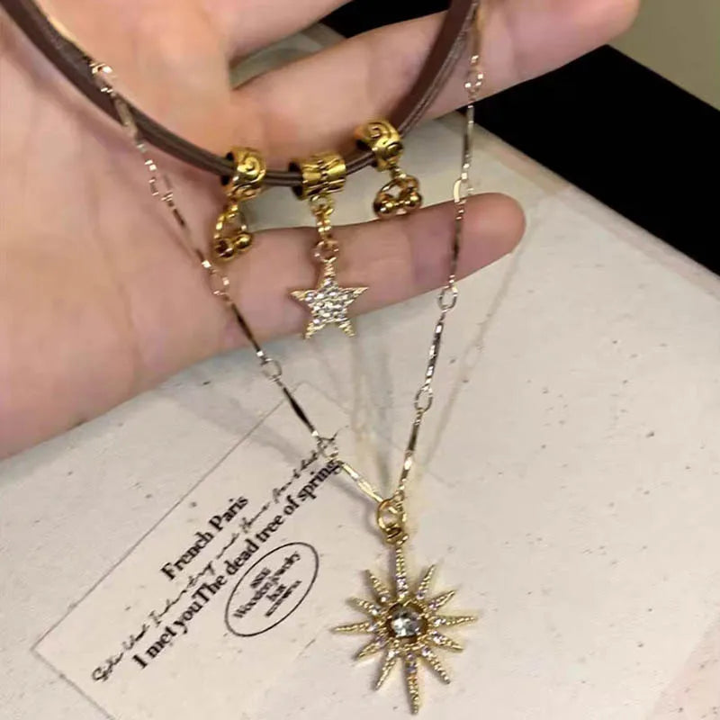 2025 Sun Star Zircon Necklace for Women Vintage Leather Necklace Double Layered Pendant Chain Choker Fashion Jewelry Ожерелье