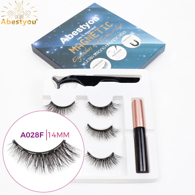 Abestyou 3pairs 5d Micro Guantum Magnet Mink Eyelashes Cat Eye False Lashes Waterproof Magnetic Liquid Eyeliner With Tweezer Kit