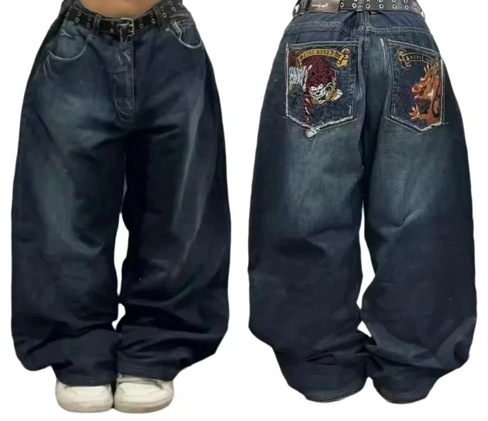 Y2K Gothic Oversized Jeans Unisex High Street Japanese Fashion Retro Wide Pants Harajuku Hip-Hop Street Work Pants - Azara