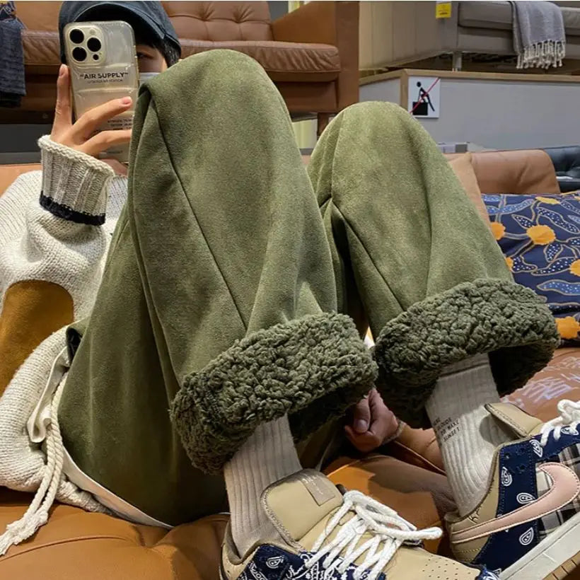 Women's Suede Thickened Straight Leg Pants Korean Style Wide Leg Autumn Winter New Student Fashion Casual Trousers