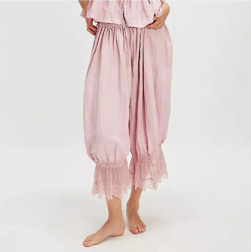 Women's Y2K Loose Fit Bloomers Cropped Pants Drawstring High Waist Floral Lace Patchwork Calf-Length Lantern Trousers