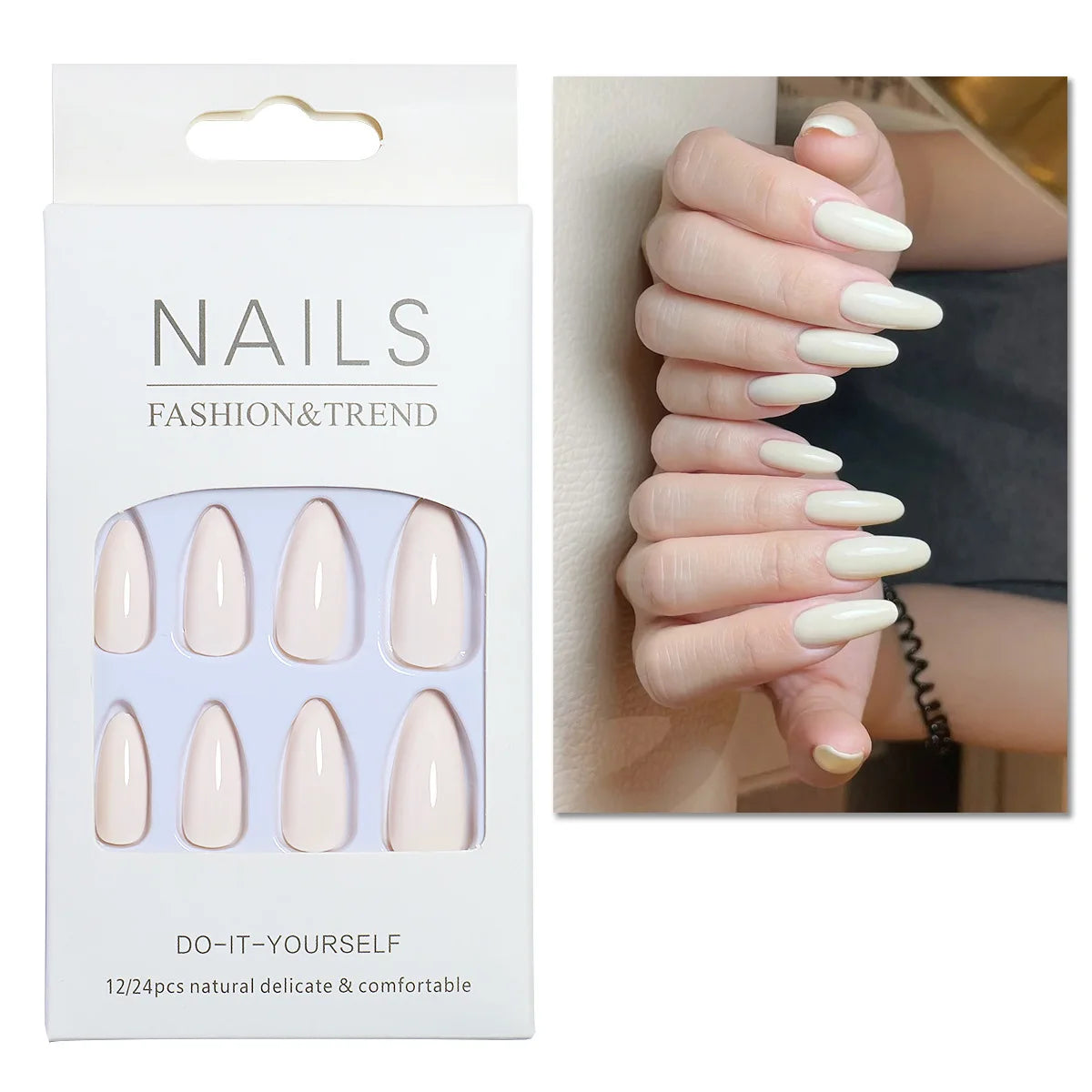 24pcs/set nude brown white fake nails for fall winter season french almond tips faux ongles press on false nail supplies