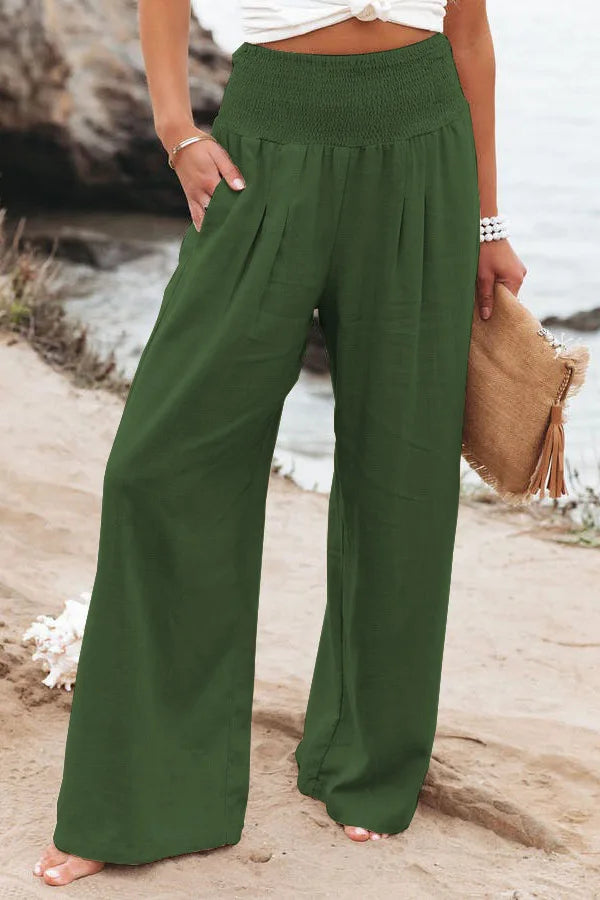 Women's casual pants with drawstring, mid waist, beach wide leg, spring and summer, European and American pants - Azara