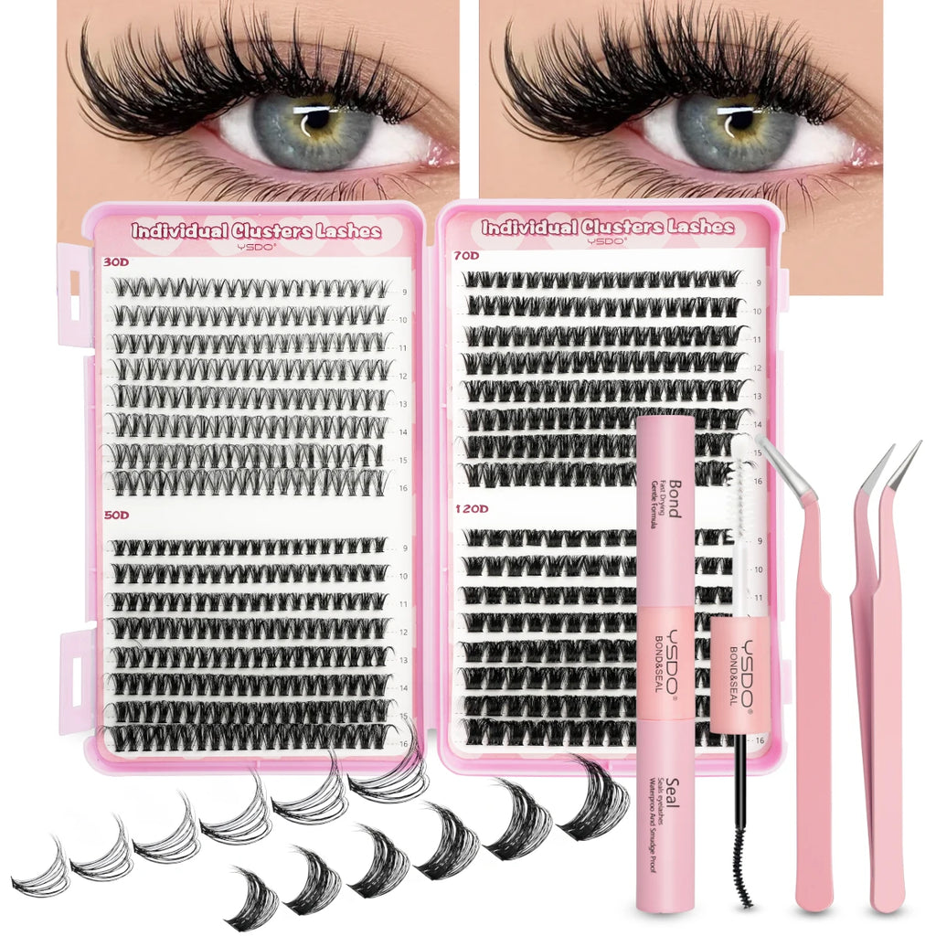 14/32 Rows Individual Lashes Kit Cluster Eyelash Diy Lash Extension Kit Cluster Lashes With Bond and Seal Glue Remover tweezer