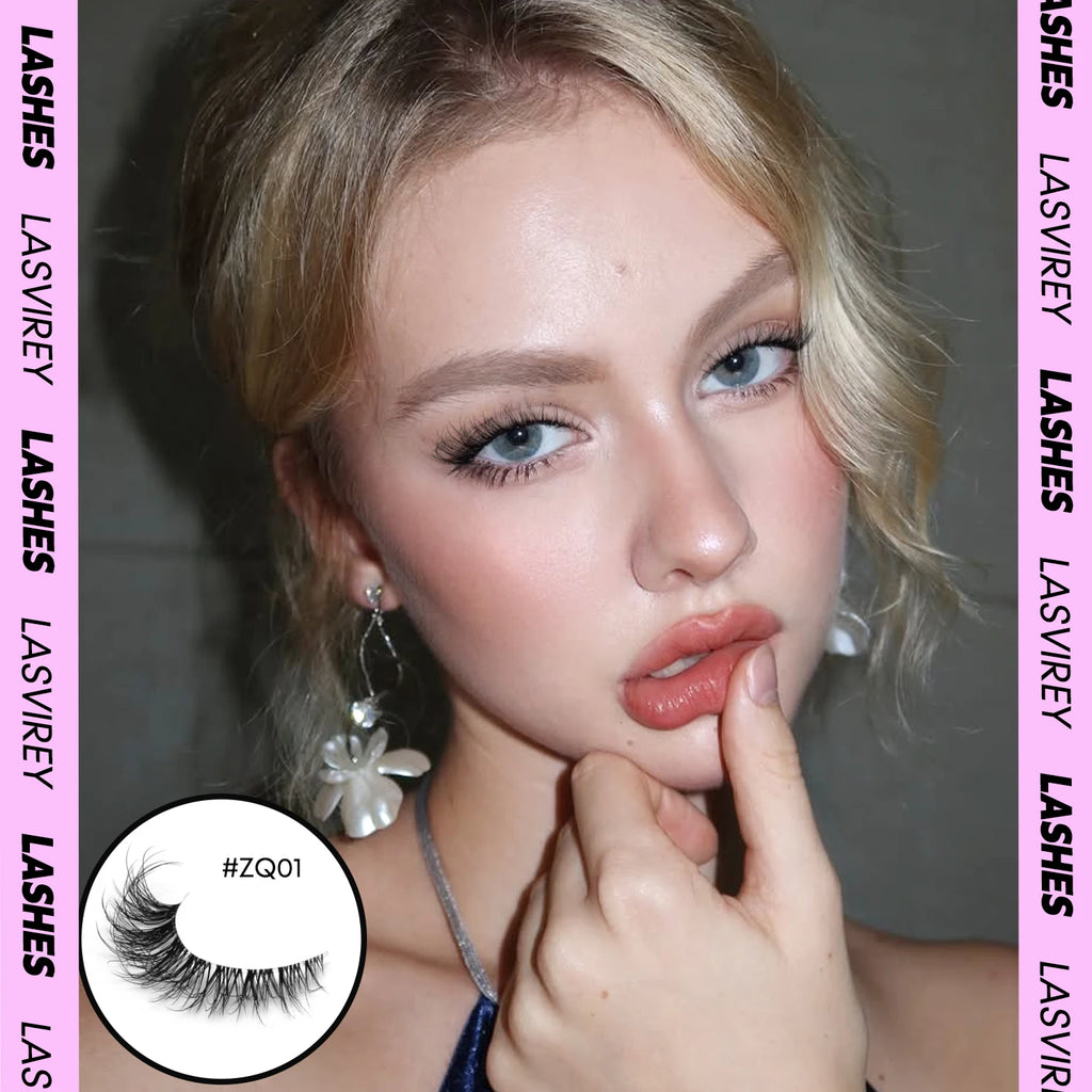 LASVIREY Cat Eye Lashes Natural Fluffy False Eyelashes Soft Wispy Natural Long Faux Mink Lashes Clear Band Lashes Extension