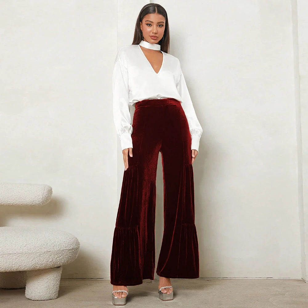 Women's autumn and winter gold velvet wide-leg pants with ruffles, high waist, straight, loose and slim elegant trousers - Azara