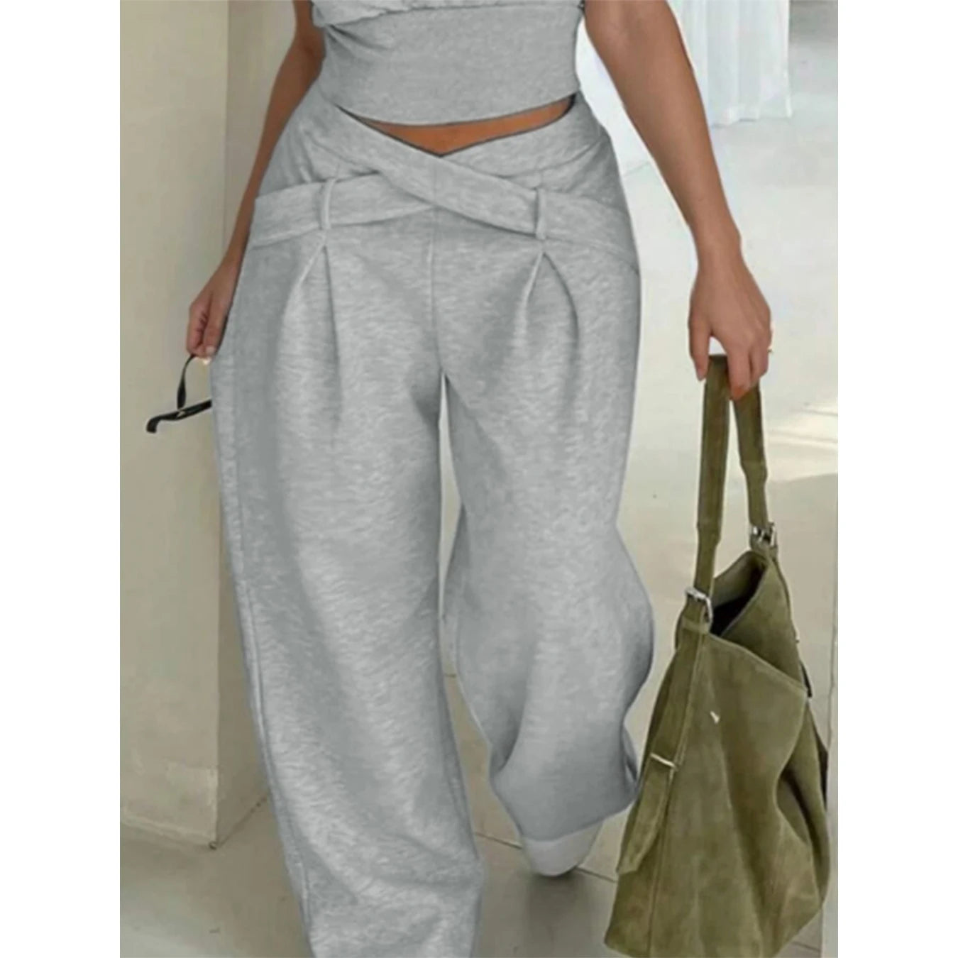 This elegant grey cross-waist wide-leg pants for women's autumn and winter are slimming and versatile. - Azara