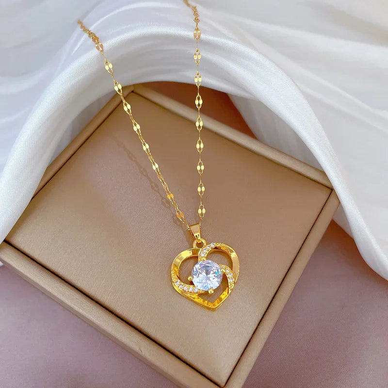 Trendy Heart Stainless Steel Zirconia Necklaces For Women Girls Love Gold Color Metal Necklace Party Birthday Daily Jewelry