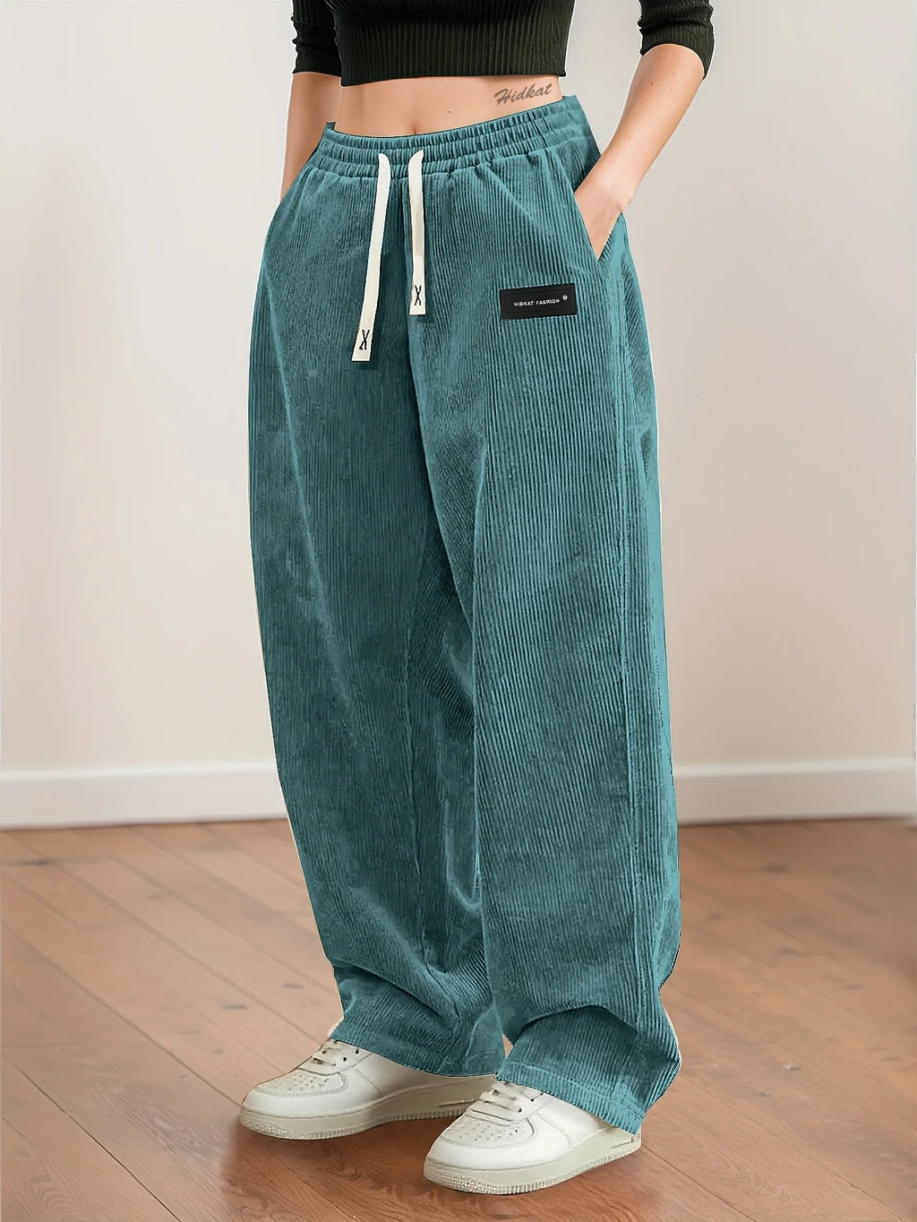 Women's Corduroy Pants Texture Straight-Leg Trousers with Drawstring Waist & White Piping - All-Season Casual to Semi-Formal - Azara
