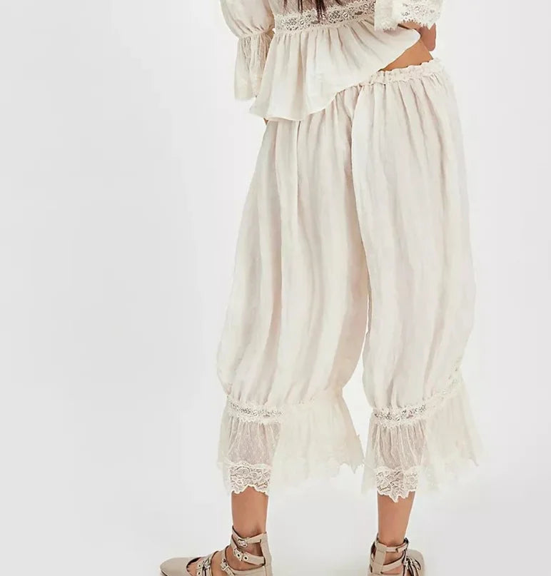 Women's Y2K Loose Fit Bloomers Cropped Pants Drawstring High Waist Floral Lace Patchwork Calf-Length Lantern Trousers