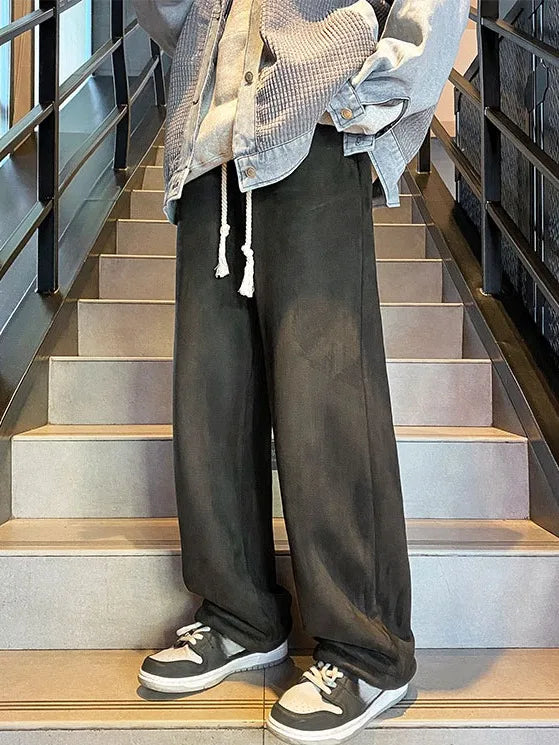 بنطلون نسائي من جلد الغزال سميك بقصة مستقيمة، على الطراز الكوري، واسع الساقين، مناسب لفصلي الخريف والشتاء، بنطلون عصري جديد للطالبات، بنطلون كاجوال