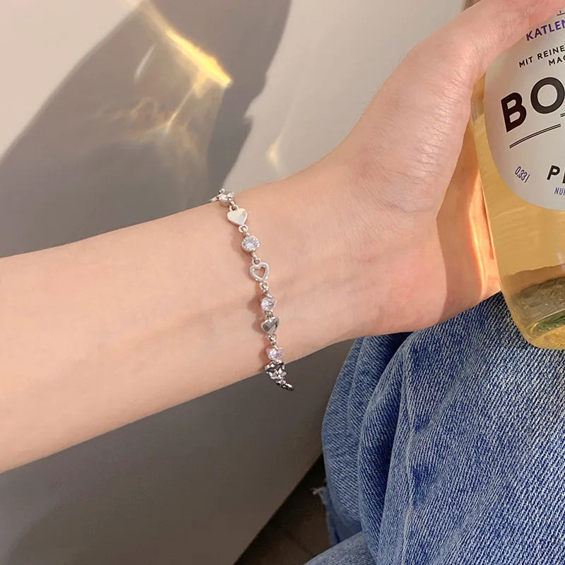 LATS Zircon Ins Bracelets for Women Korean Fashion Sweet Girls Sparkling Hollow Heart Delicate Chain Bracelet Party Jewelry