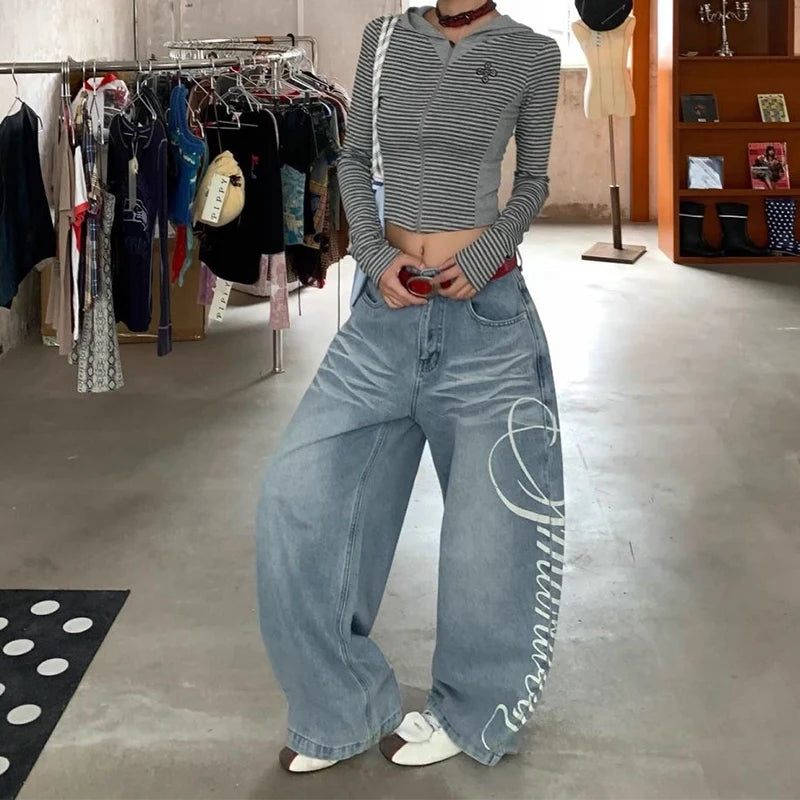 Women Blue Y2k Baggy Boyfriend Jeans Harajuku Vintage Wide Leg Denim Trousers Japanese 2000s Style Jeans Pants Oversize Clothes - Azara