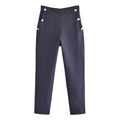 Women Fashion With Metallic Button Straight Pants Vintage High Waist Back Elastic Waistband Female Ankle Trousers Mujer - Azara