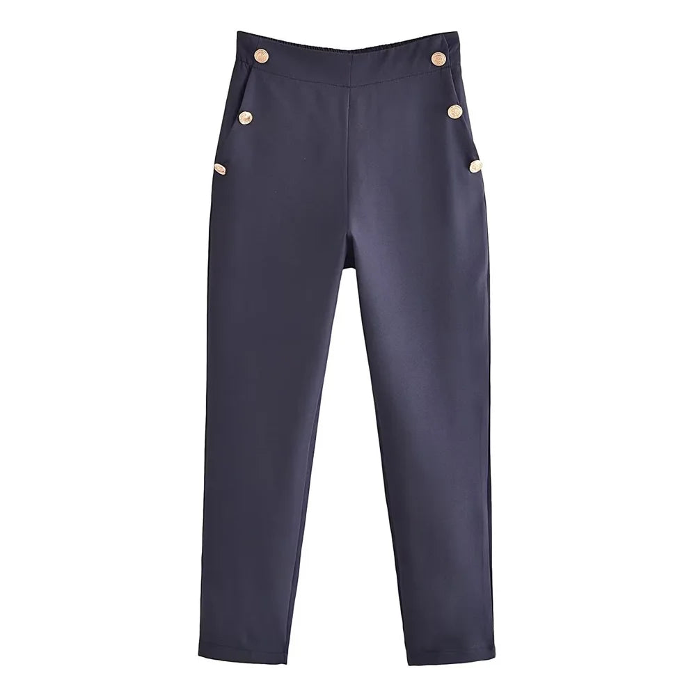 Women Fashion With Metallic Button Straight Pants Vintage High Waist Back Elastic Waistband Female Ankle Trousers Mujer - Azara