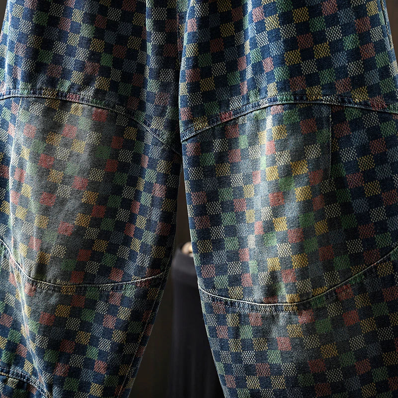 Women Casual Boyfriend Jeans New Arrival 2025 Autumn Vintage Style Plaid Pattern Loose Female Denim Harem Pants M1854