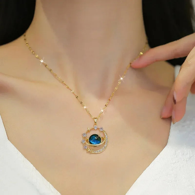 LATS Fashion Luxury Inlaid Zircon Planet Moon Pendant Necklace for Women Girl Butterfly Water Drop Clavicle Chain Charm Jewelry
