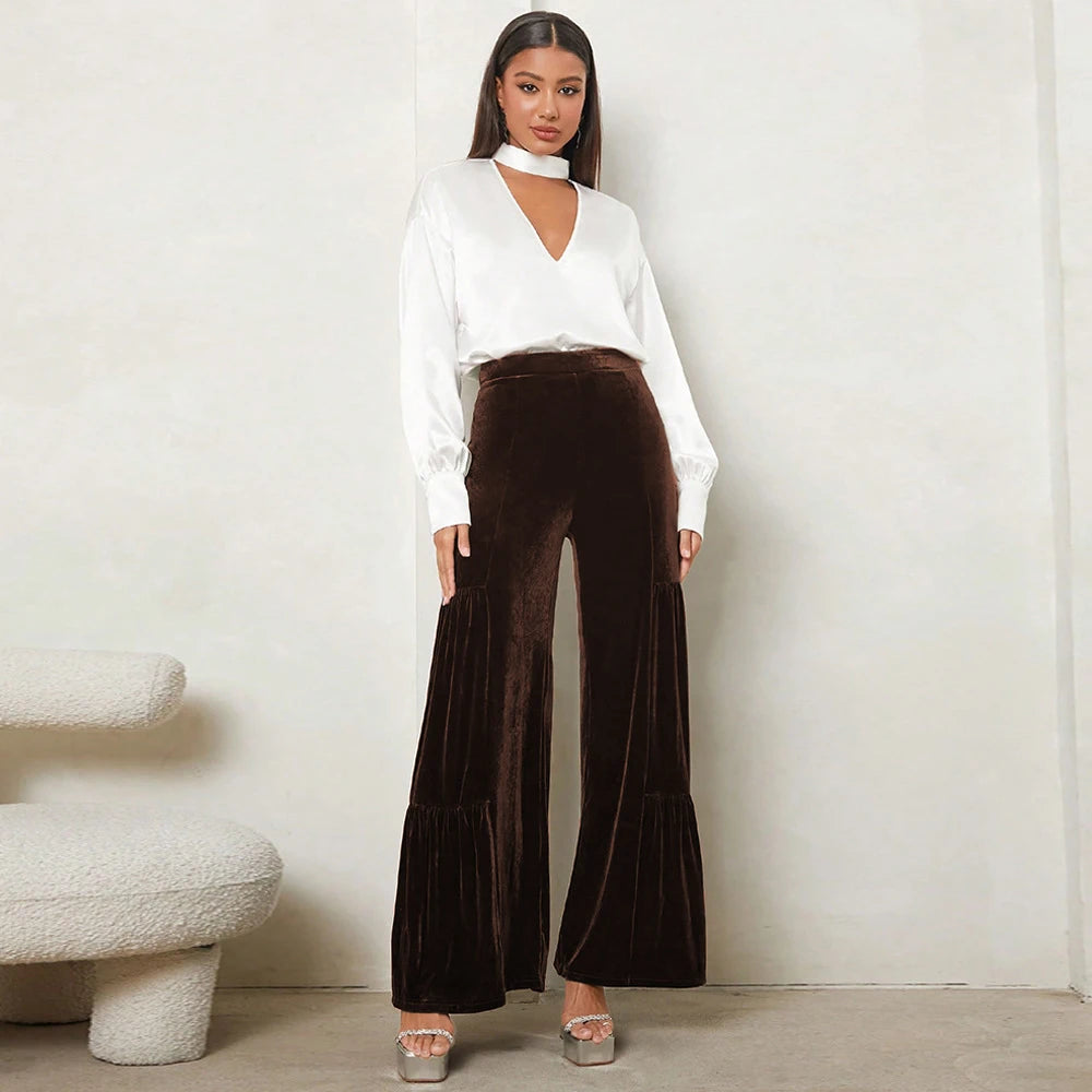 Women's autumn and winter gold velvet wide-leg pants with ruffles, high waist, straight, loose and slim elegant trousers - Azara